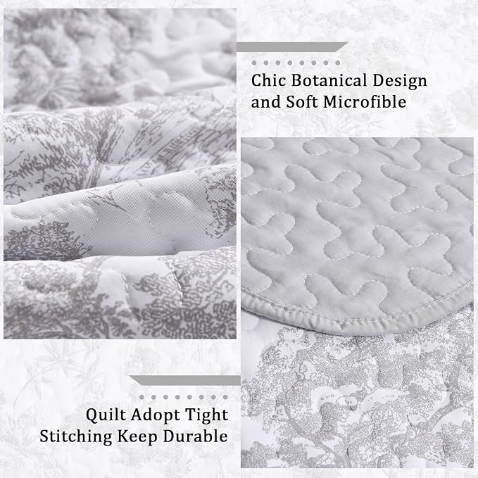 WONGS BEDDING Grey Quilt Set Twin Size, 2 Pieces Botanical Bedspreads Set - Image 5