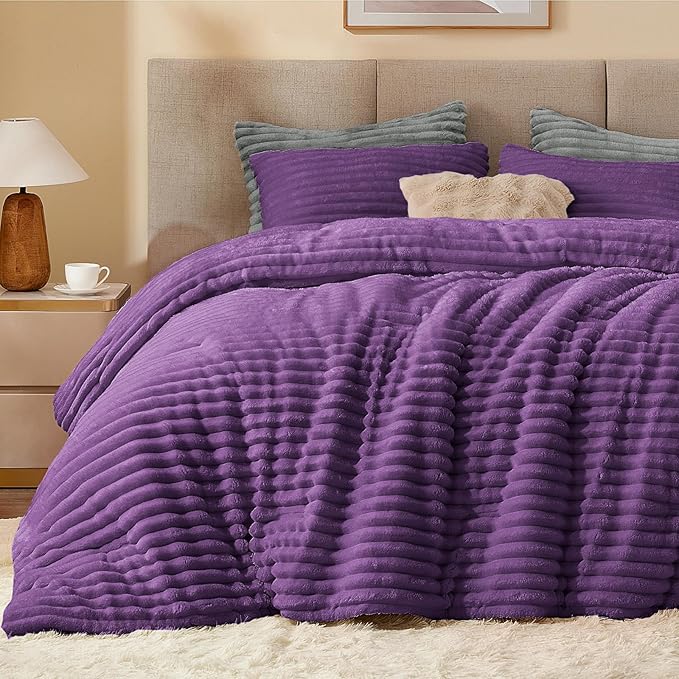 BEDELITE Fleece Queen Comforter Set -Super Soft & Warm Fluffy Purple Bedding - Image 3
