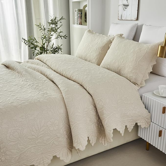 Brandream Beige Quilt Set King Size Cotton Luxury Matelasse Coverlet Set - Image 9