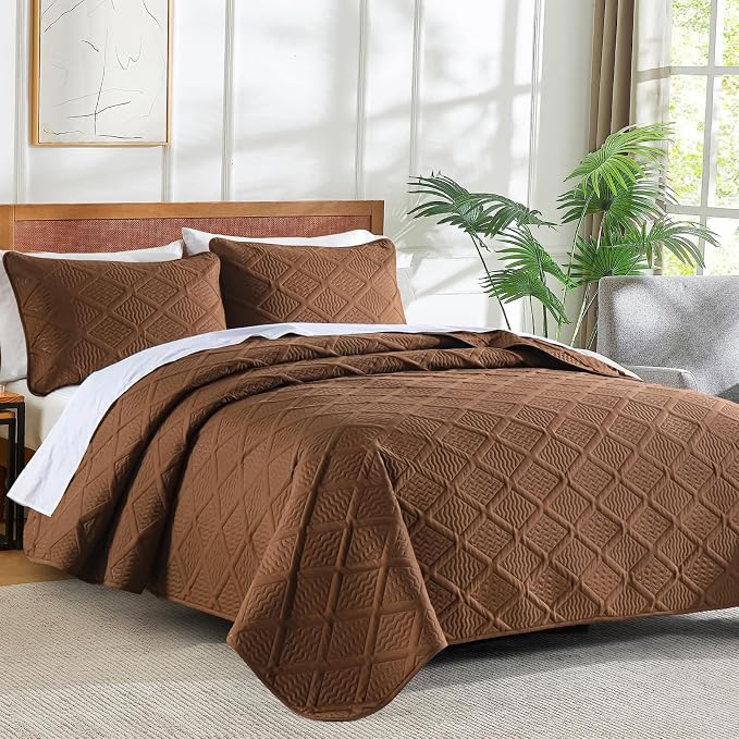 Yiran Brown Quilt Set Queen Size, 3 Piece Reversible Bedspreads Bedding Set - Image 3