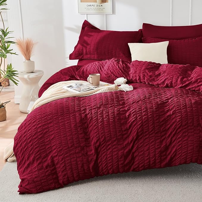 HYMOKEGE Burgundy Duvet Cover King Size, Ultra Soft 3-Piece Seersucker Duvet by HYMOKEGE