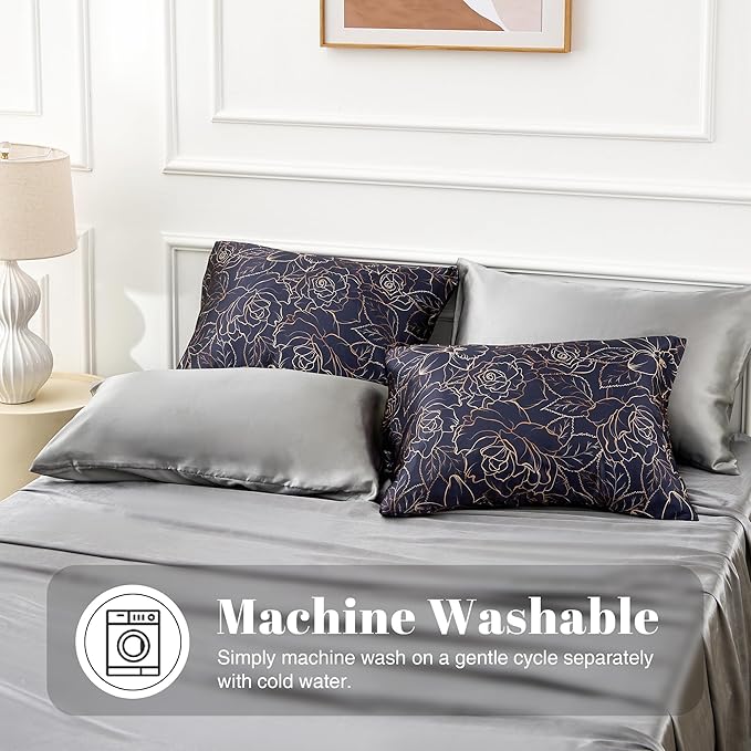 EXQ Home Satin Pillowcase for Hair and Skin- Rose on Blue Silk Pillowcase 2 - Image 4