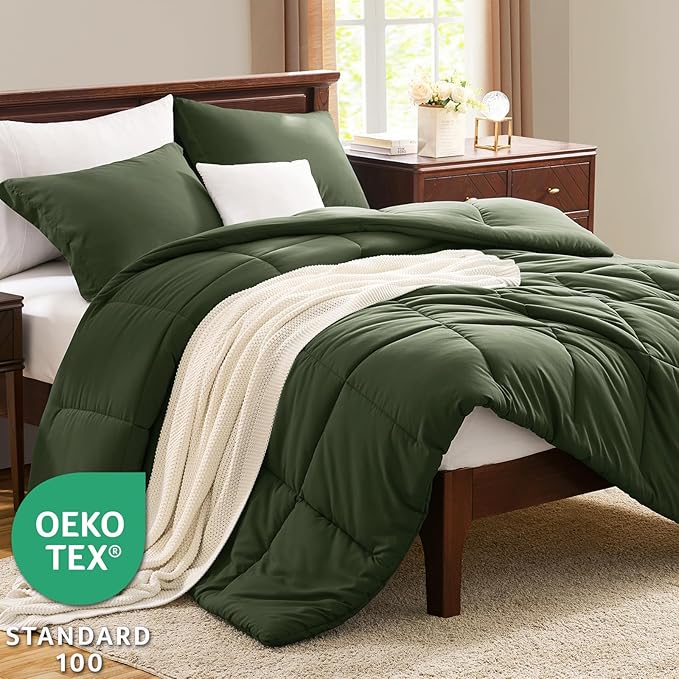 CozyLux Oversized Queen Comforter Set, 3 Pieces Olive Green 98x98 Box Stitched - Image 3