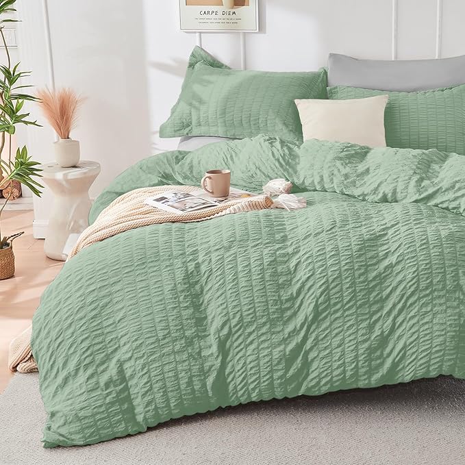HYMOKEGE Sage Green/Light Grey Twin Comforter Set Seersucker 5 Pieces, All - Image 2