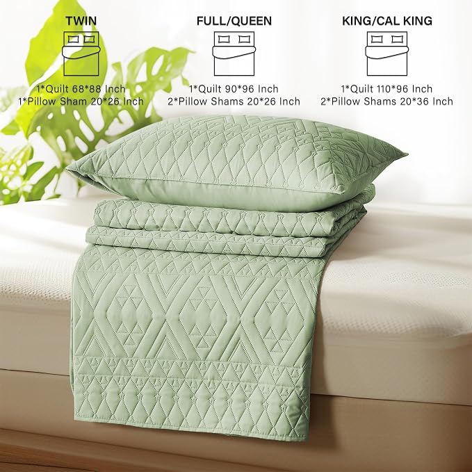 akkialla King/Cal King Size Quilt Bedding Set, Sage Green Lightweight - Image 6