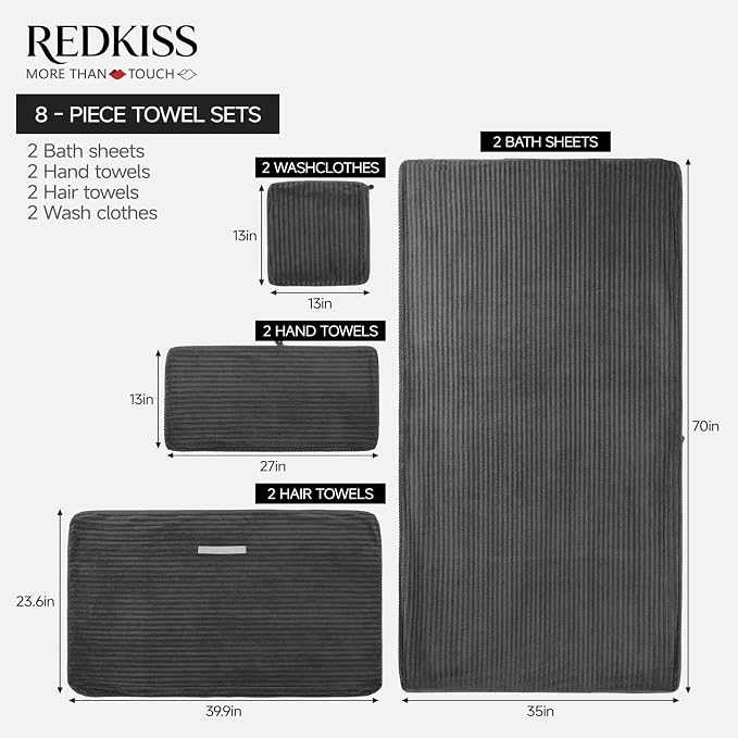 REDKISS Charcoal Gray Bath Towels Set 8 Piece - Image 2