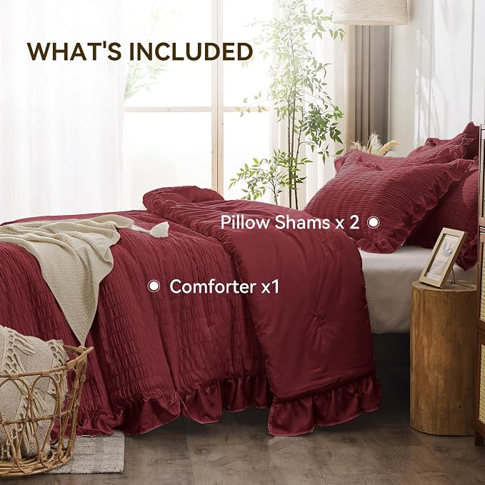 JOLLYVOGUE Queen Comforter Set, 3 Pieces Burgundy Seersucker Comforters Queen - Image 5