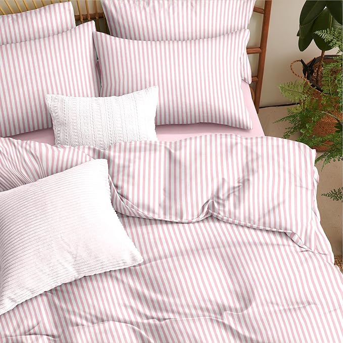 Nayoroom Pink Striped Duvet Cover Queen Size White Stripe Duvet Cover Dorm - Image 3