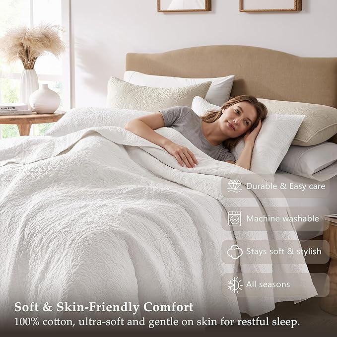 palassio White Paisley 100% Cotton Quilt King Size Bedding Sets - Image 5