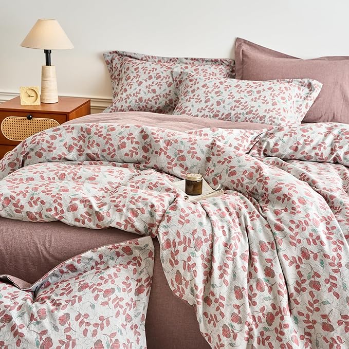 mixinni 100% Washed Cotton Duvet Cover Set, Reversible Vintage Floral Jacquard - Image 5