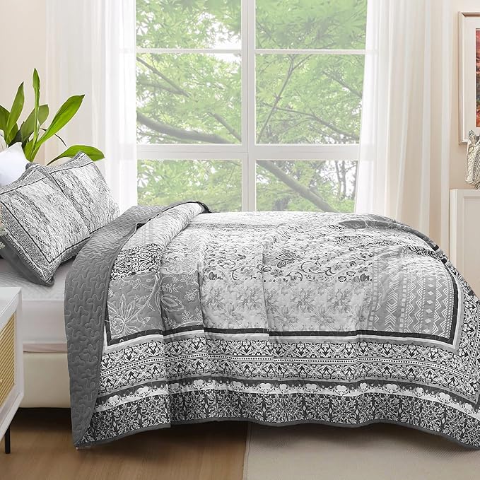 WONGS BEDDING Grey Quilt Set Queen Size, Bohemian Patchwork Bedspread Coverlet - Image 3