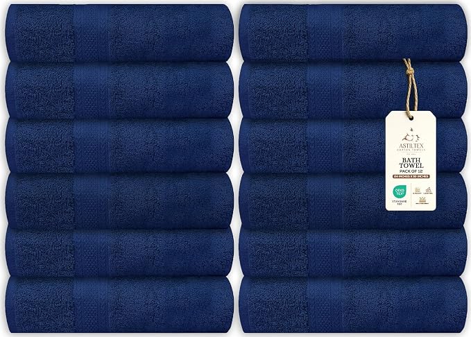Large Bath Towels Bulk Set of 12 – 100% Cotton Terry – 24" x 50" – Quick Dry by ASTILTEXCottonTowels