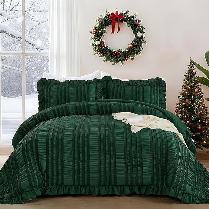 WONGS BEDDING Queen Size Comforter, Christmas Emerald Green Boho Comforter Set by WONGSBEDDING
