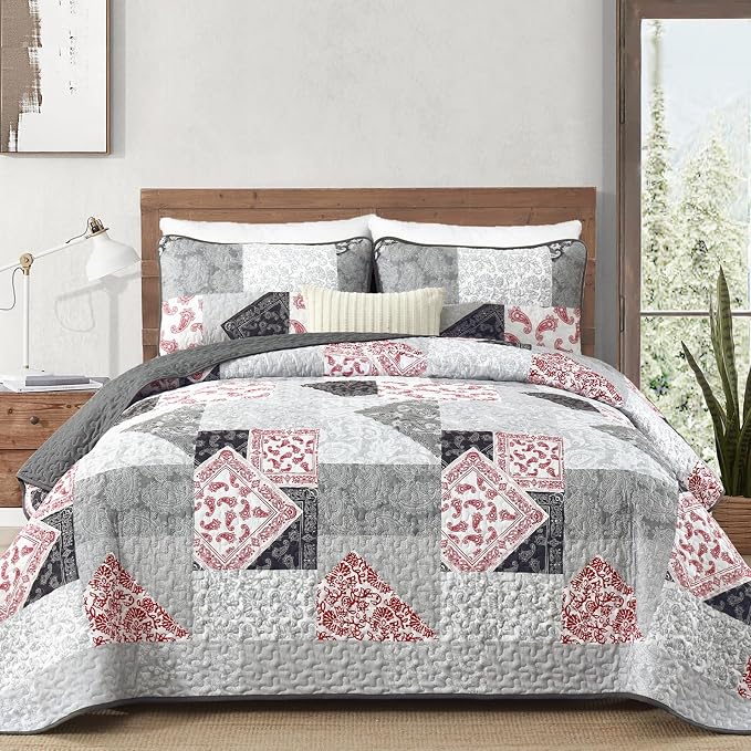 Mybedsoul Grey Red Patchwork Queen Size Quilt, Soft Paisley Floral Bedspreads by Mybedsoul
