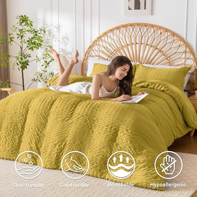 HYMOKEGE Mustard Yellow Duvet Cover Full Size, Ultra Soft 3-Piece Seersucker - Image 2