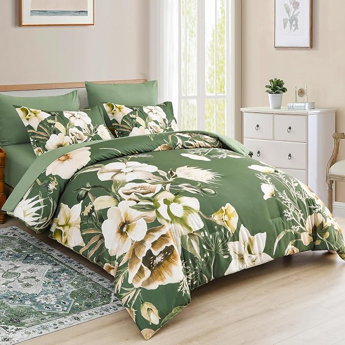 Luxudecor Floral Comforter Set King Size 7 Piece, Olive Green Flower Bed in a - Image 2