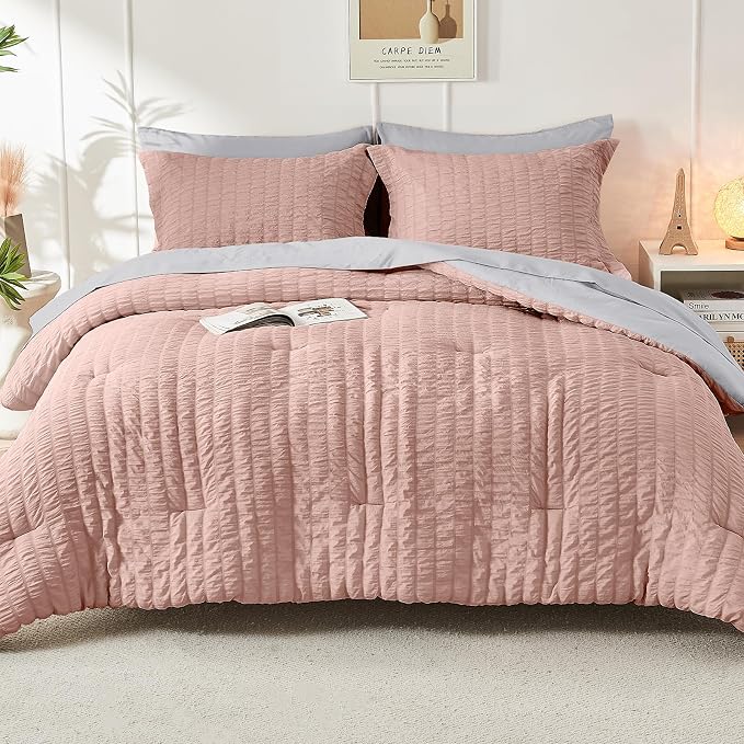 HYMOKEGE Rose Gold/Light Grey Twin Comforter Set Seersucker 5 Pieces, All - Image 9