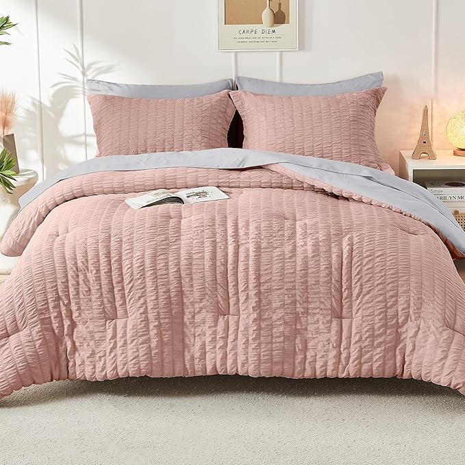 HYMOKEGE Rose Gold/Light Grey Full Size Comforter Sets Seersucker 7 Pieces - Image 9