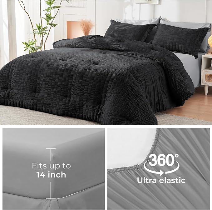 HYMOKEGE Black/Light Grey King Size Comforter Set Seersucker 7 Pieces, All - Image 6