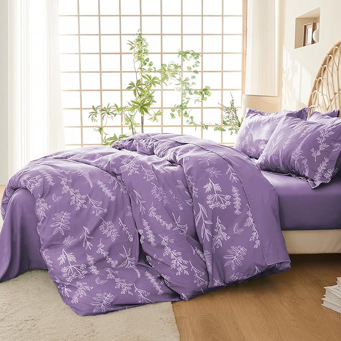 MUXHOMO Duvet Cover Full Size, Reversible Floral Grayish Purple Duvet Cover Set - Image 2