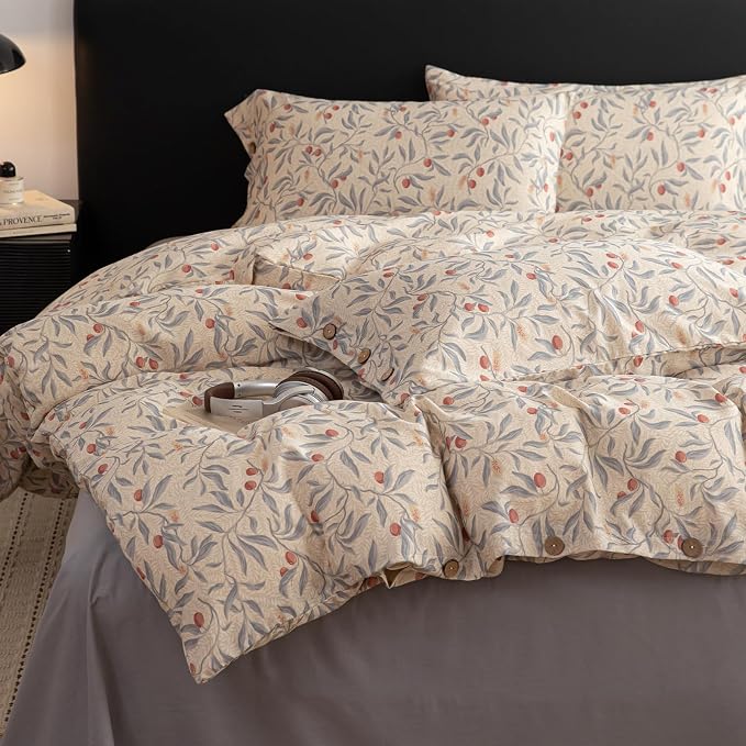 mixinni Cotton Linen Floral Duvet Cover Set, Vintage Botanical Print Comforter by mixinni