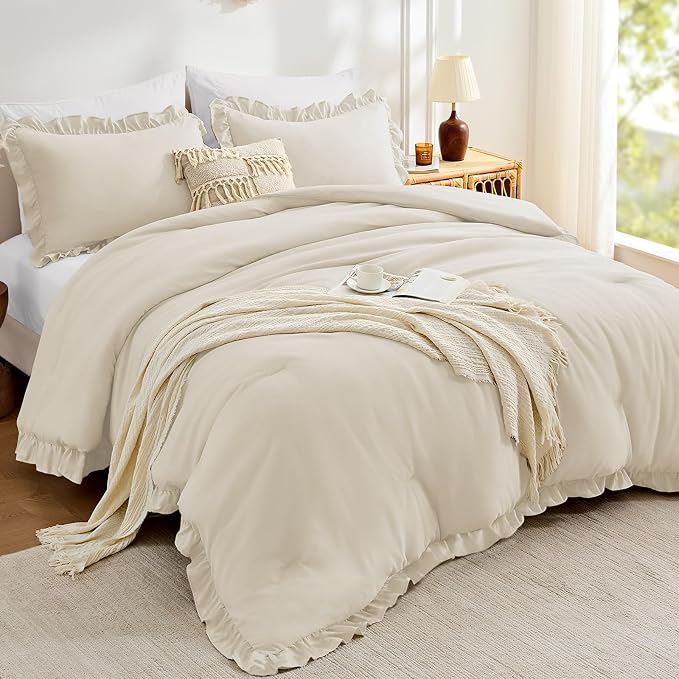 FUANNA Full Size Comforter Sets Cream White, 3 Pieces Ruffle Full Size Bedding by FUANNA