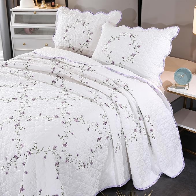 Quilt Set Purple Floral 3D Embroidery Pattern 3 PCS 100% Cotton Reversible - Image 9