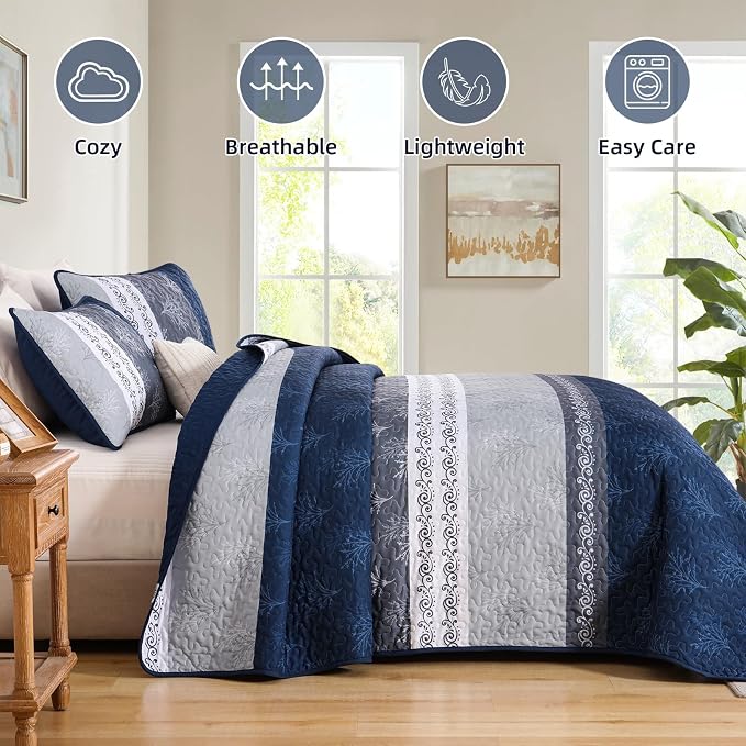 DJY Stripe Quilt Set King Size Navy Blue Bedspread Coverlet Set 3 Pieces Boho - Image 3