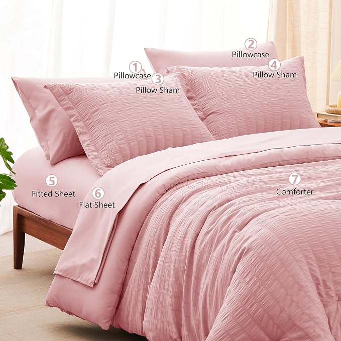 CozyLux Queen Comforter Set Pink Seersucker 7 Pieces Bed in a Bag Queen - Image 8