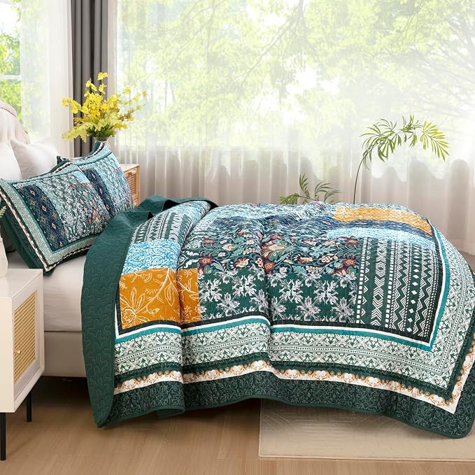 WONGS BEDDING Green Quilt Set Queen Size, 3 Pieces Boho Patchwork Quilt - Image 3