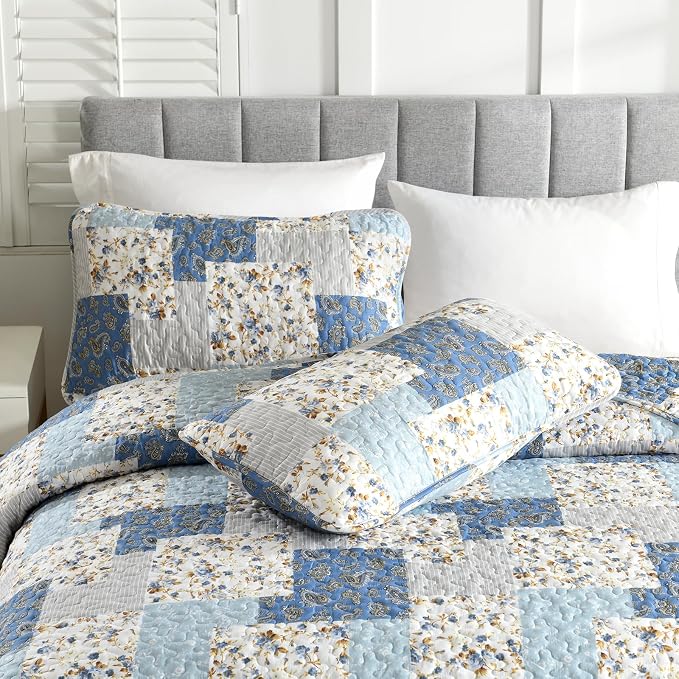 Mybedsoul Light Blue Quilt Set King Size, 3 Pieces Boho Plaid Floral Bedspread - Image 7