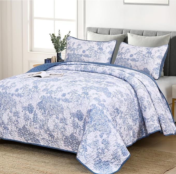 WONGS BEDDING Blue Quilt Set Full Size, 3 Pieces Botanical Bedspreads Set by WONGSBEDDING
