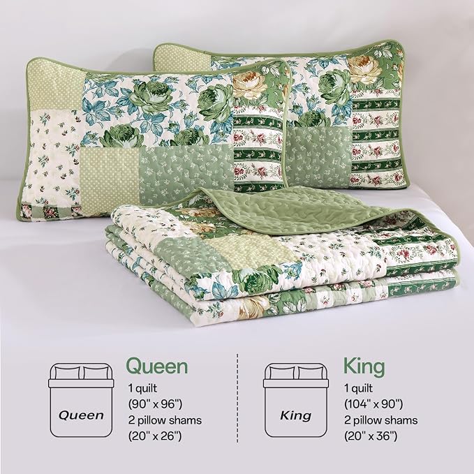 Anibedding Patchwork Quilt Set Queen Size Sage Green Floral Bedspread Coverlet - Image 8