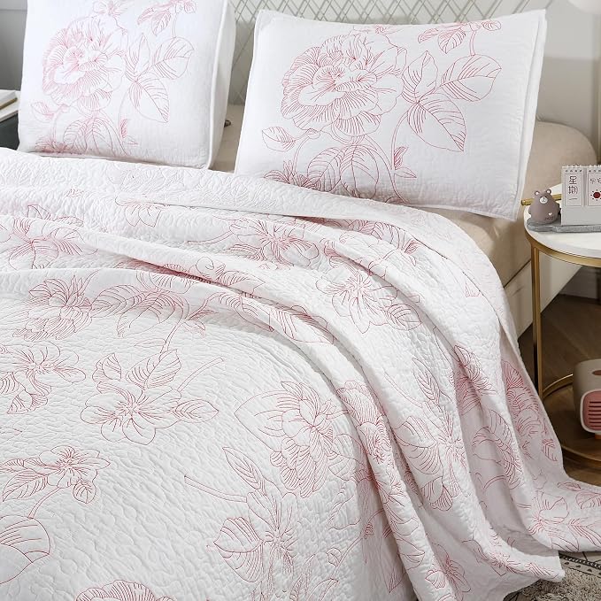ROOMLIFE Quilt Set Full Size 3D Floral Embroidery Pattern 3-Piece Cotton - Image 3