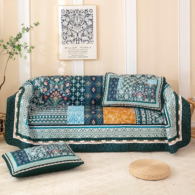WONGS BEDDING Green Quilt Set King Size, 3 Pieces Boho Quilt Patchwork Quilt - Image 8