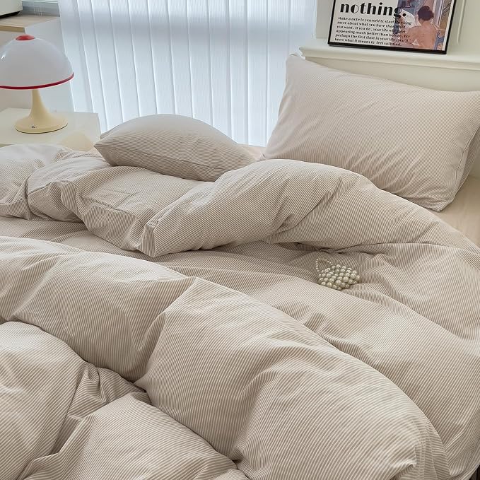 mixinni Tan Striped Duvet Cover Queen Size - Image 5
