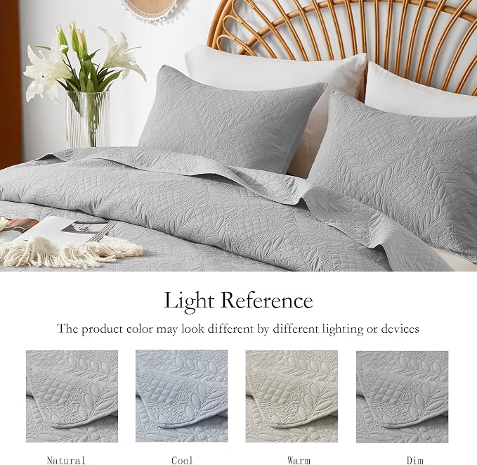 FLYMME Quilt King Size, Lightweight Light Gray Bedspreads, Vintage Olive Leaf - Image 5