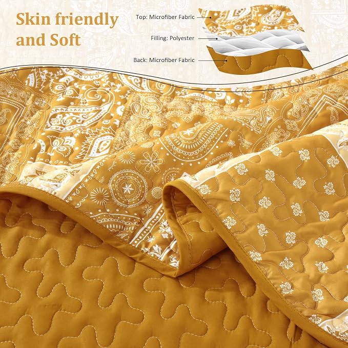 Cottolester Boho Quilt Set King Size, 3 Pieces Yellow Patchwork Paisley Quilt - Image 4