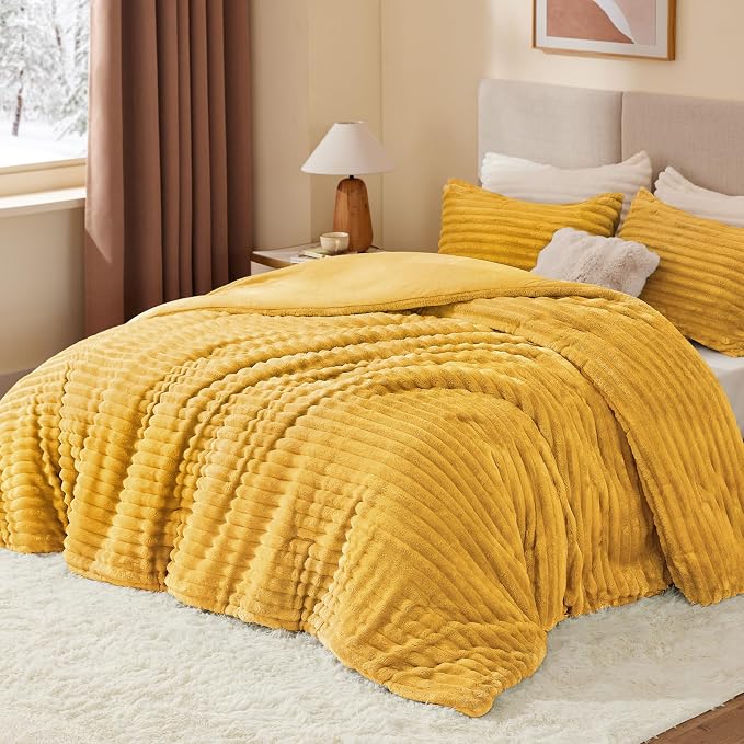BEDELITE Fleece Twin Comforter Set -Super Soft & Warm Fluffy Mustard Yellow - Image 2