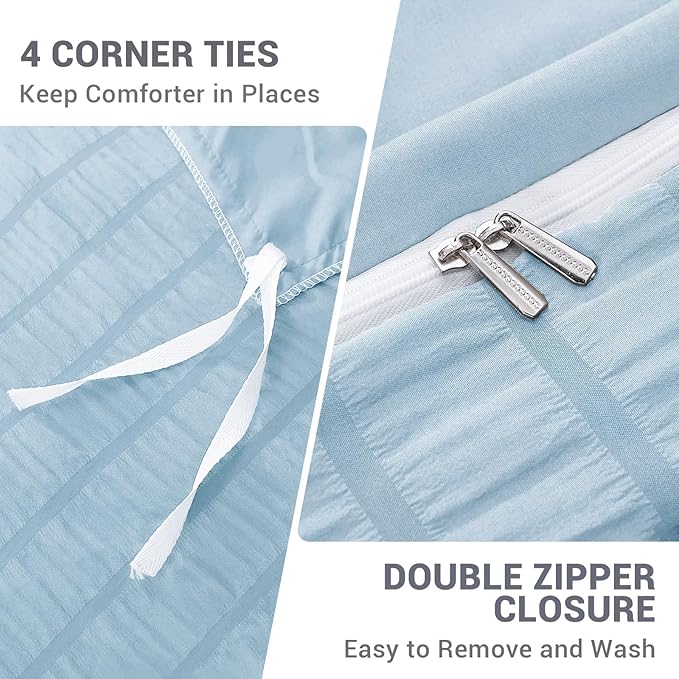 HYMOKEGE Lake Blue Duvet Cover King Size, Ultra Soft 3-Piece Seersucker Duvet - Image 6