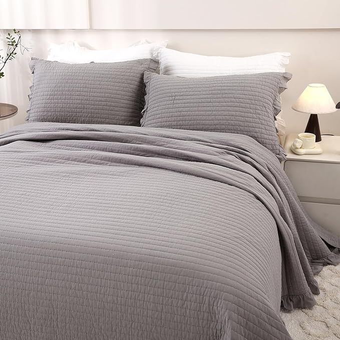 ROOMLIFE Quilt Set Full Size 3D Floral Embroidery Pattern 3-Piece Cotton by ROOMLIFE