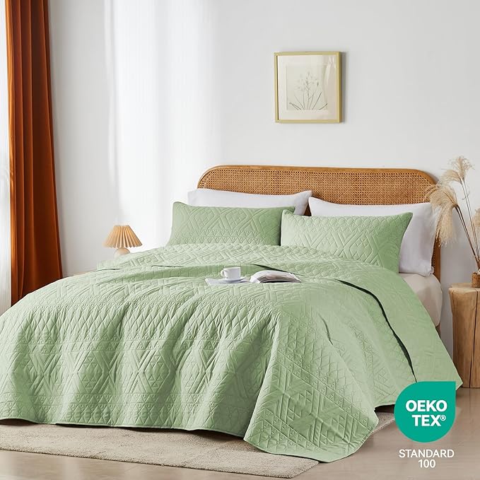 akkialla Full/Queen Size Quilt Bedding Set, Sage Green Lightweight Microfiber - Image 2