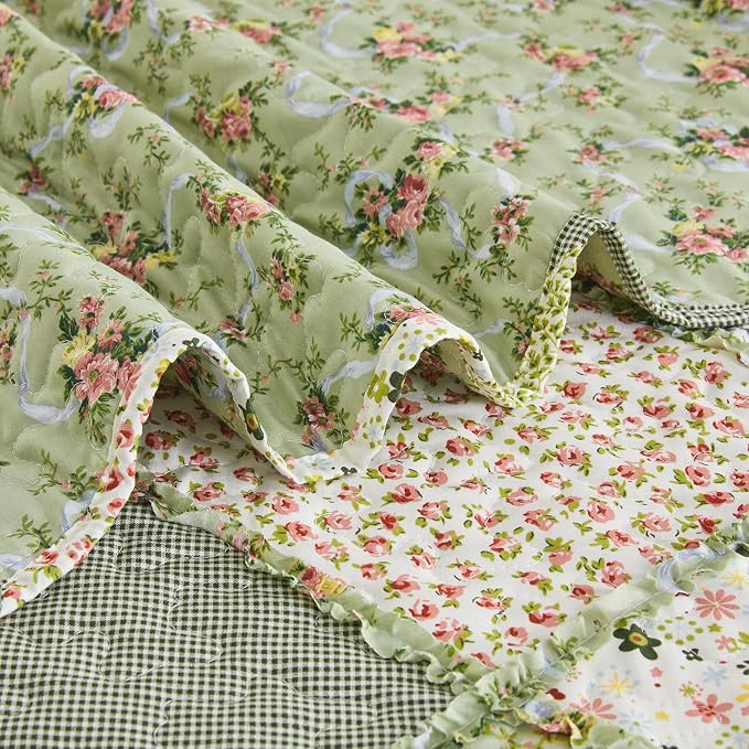 Oversized King Size Green Floral Plaid Patchwork Quilt Set 128x120 Extra Wide - Image 6