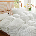 Nayoroom Striped Duvet Cover Queen Size 100% Washed Cotton White Green Stripe by Nayoroom