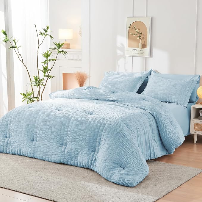 HYMOKEGE Lake Blue Duvet Cover King Size, Ultra Soft 3-Piece Seersucker Duvet - Image 5