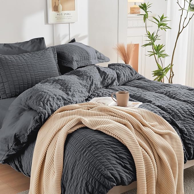 HYMOKEGE Dark Grey Duvet Cover King Size, Ultra Soft 3-Piece Seersucker Duvet - Image 6