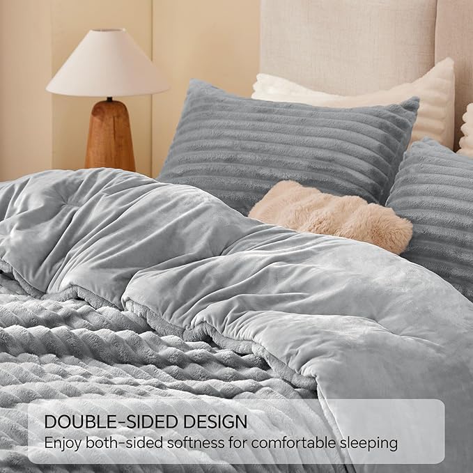 BEDELITE Fleece Full Comforter Set -Super Soft & Warm Fluffy Light Grey Bedding - Image 5