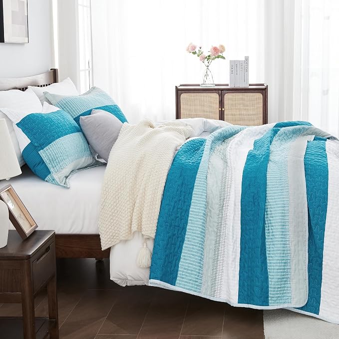 Andency Teal White Quilt Queen, 3 Pieces Patchwork Bedspread Coverlet Set - Image 2