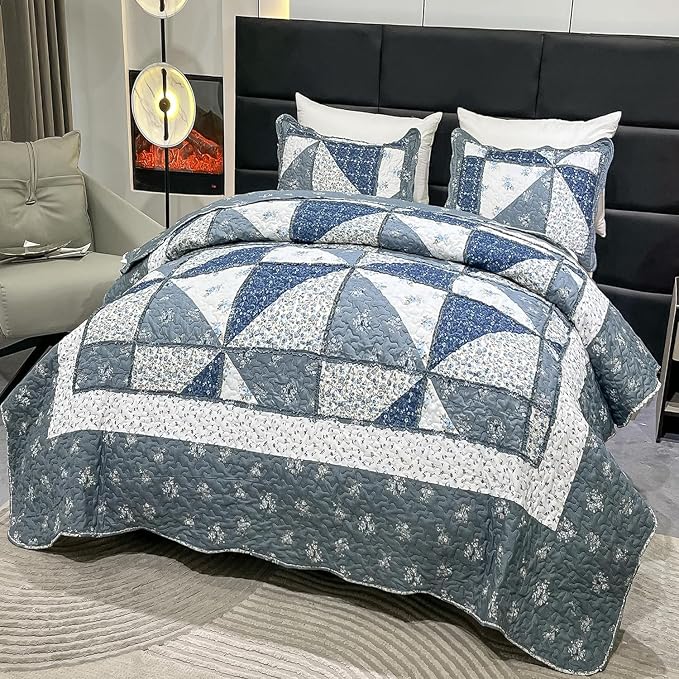 Oversized King Size Grey Floral Plaid Patchwork Quilt Set 128x120 Extra Wide - Image 3