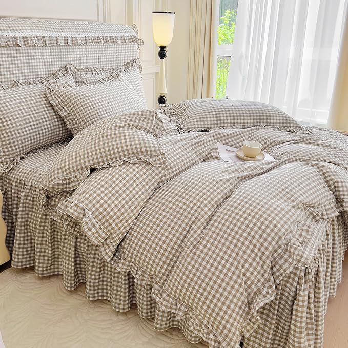 mixinni Tan Gingham Ruffle Duvet Cover Twin XL Size 3 Pieces – 100% Washed - Image 5